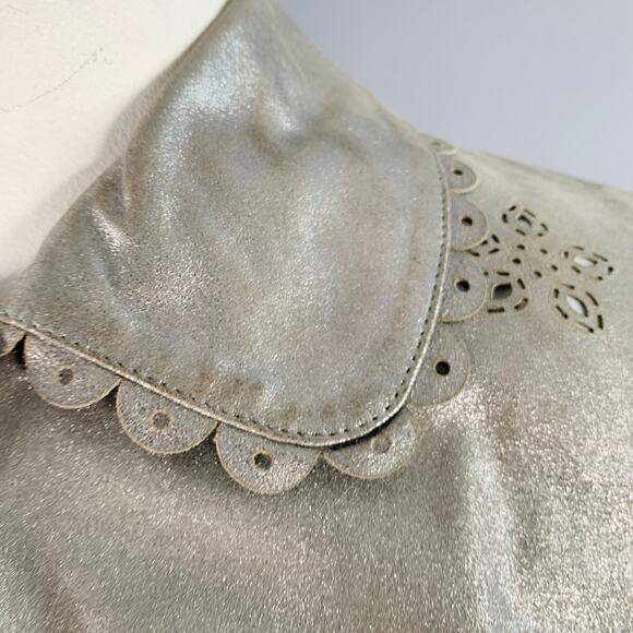 10 Silver Perforated Leather Peter Pan Collar Single Button Jacket Blazer - Picture 8 of 12